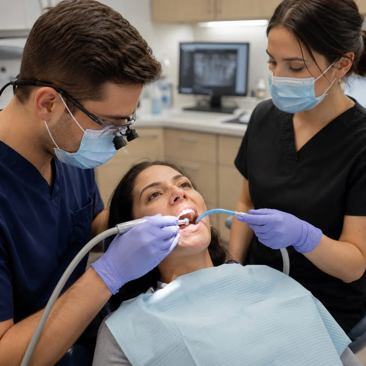 Un dentista de HealthPoint examinando a un paciente adulto