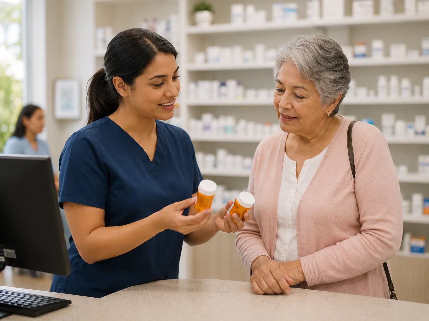 A HealthPoint pharmacist assisting a customer at the counter