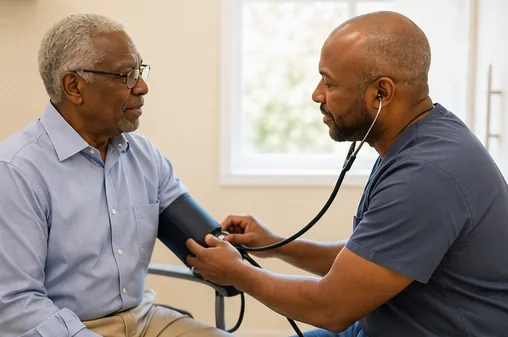 A nurse checking a senior patient's blood pressure