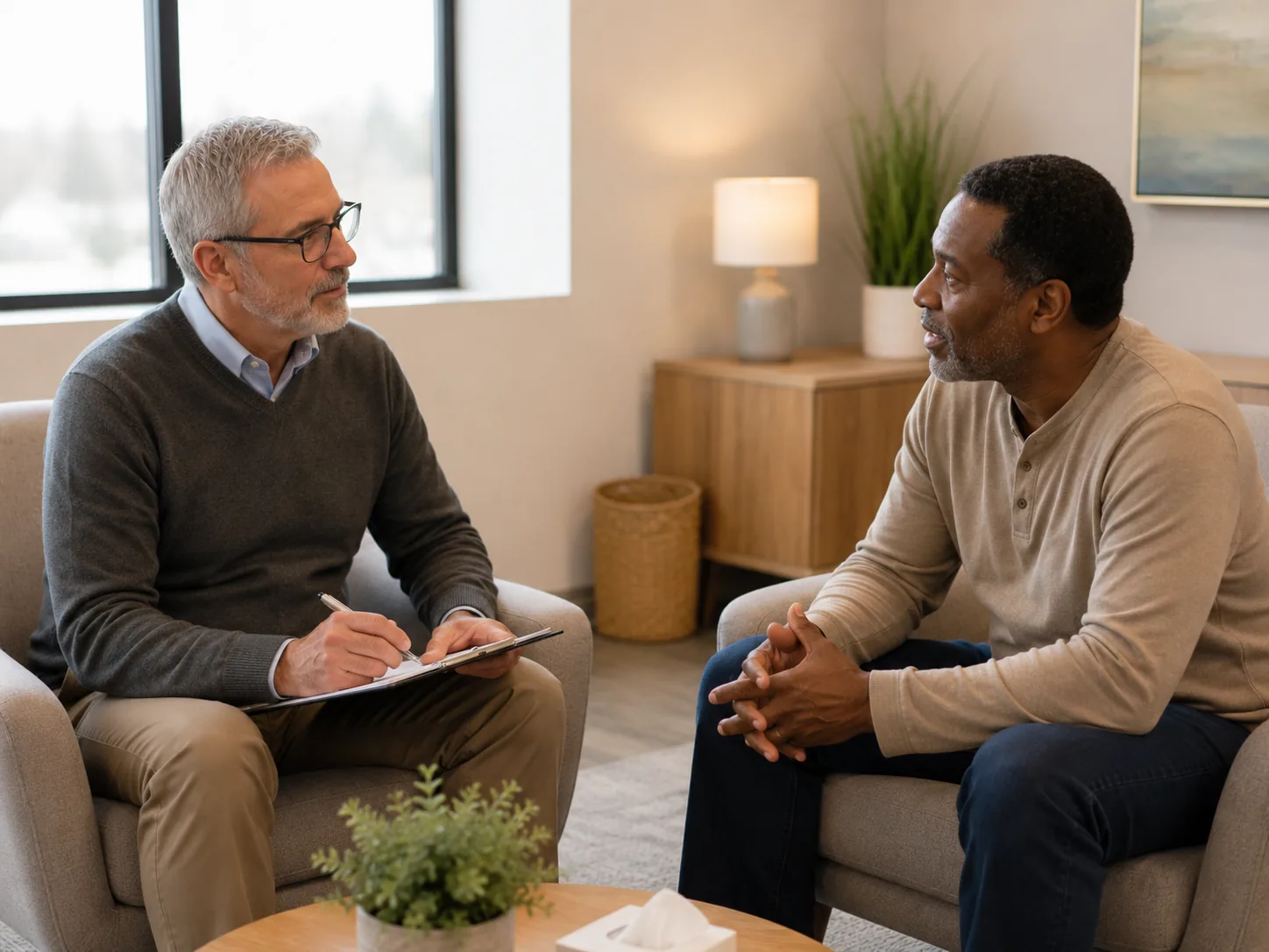 A man smiling during a behavioral health visit