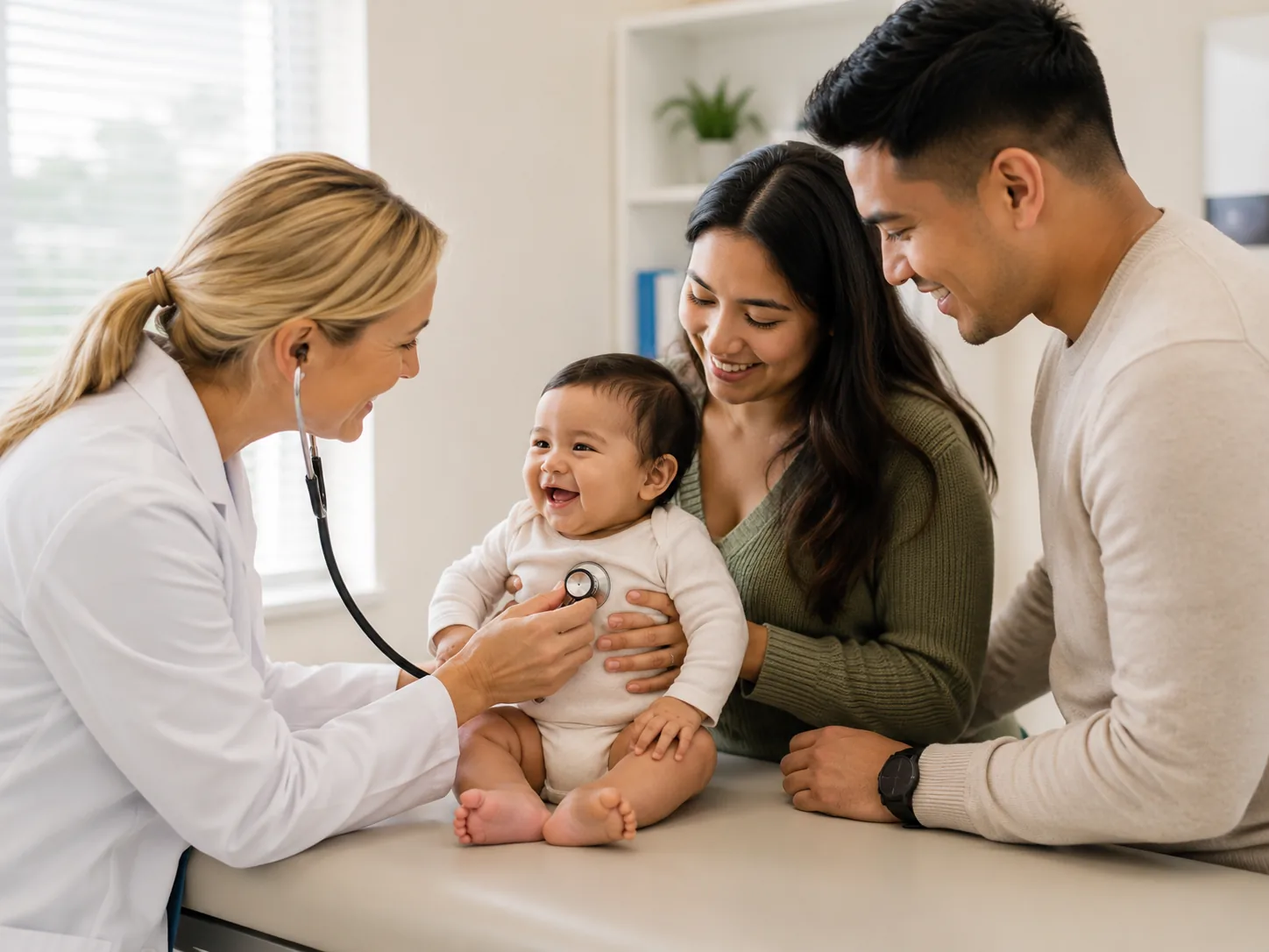 A family medicine provider with a family in an exam room