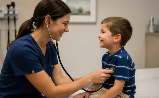 A pediatric provider examining a young boy