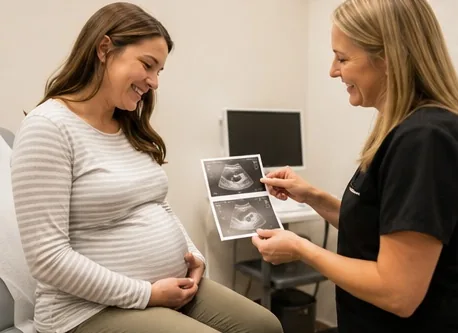 A provider reviewing an ultrasound with a woman patient