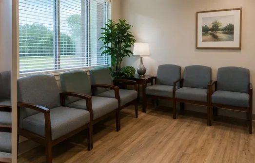 The bright, welcoming waiting room at the Caldwell Clinic