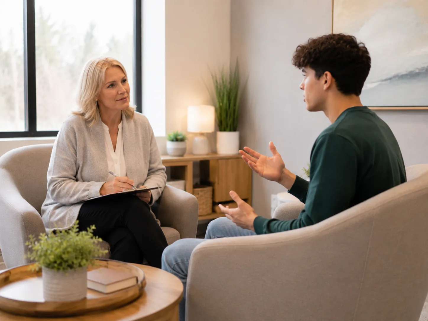 A behavioral health counselor speaking with a patient
