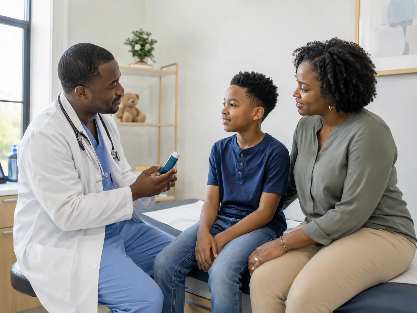 A pediatric provider examining a young boy with his mother present
