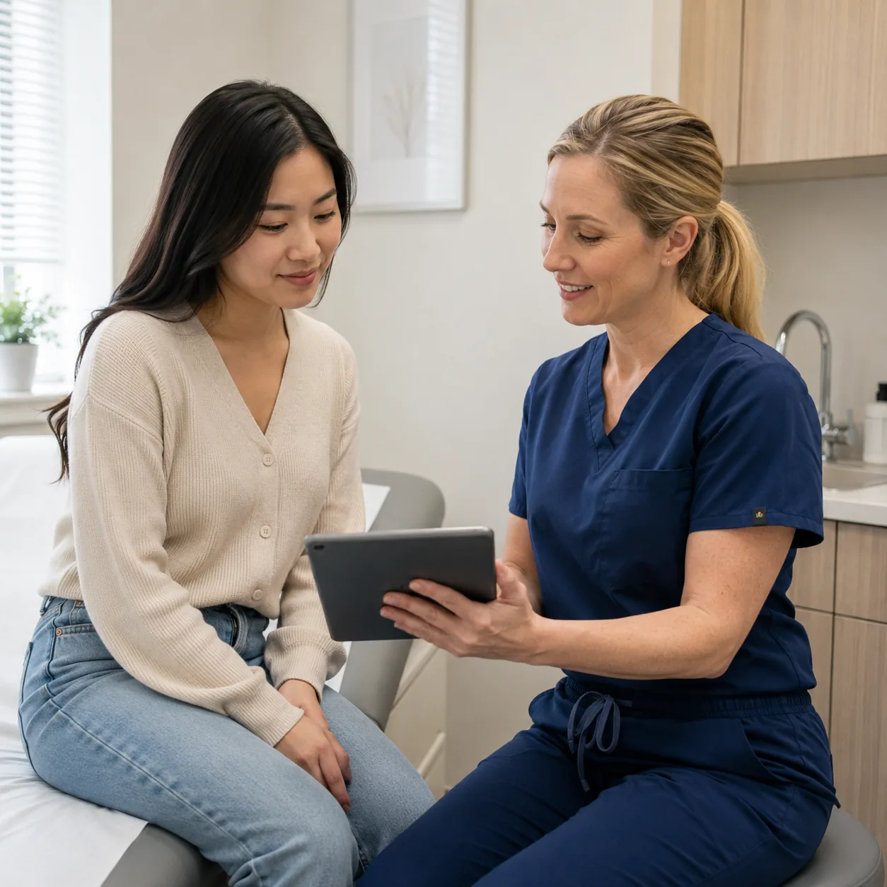 A HealthPoint provider in conversation with a woman during a consultation