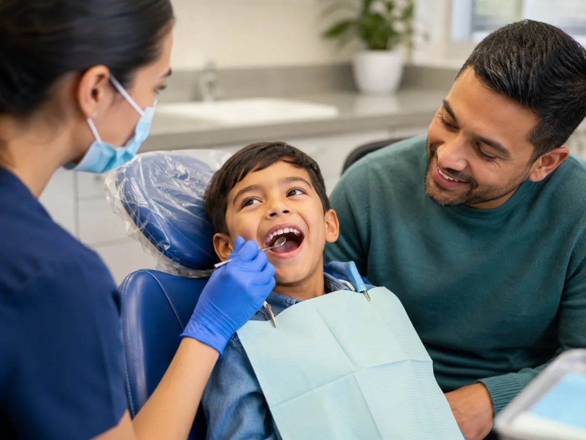 Un niño al que le están haciendo un examen dental con uno de sus padres cerca
