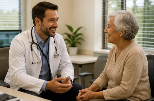 A HealthPoint doctor talking with a senior patient