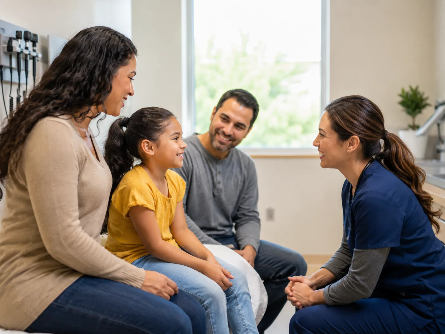 Un pediatra de HealthPoint con un niño y sus padres