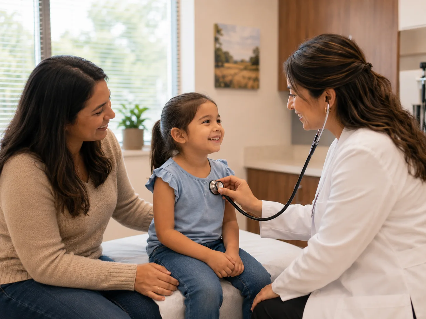 Un médico pediatra que examina a una niña en presencia de su madre