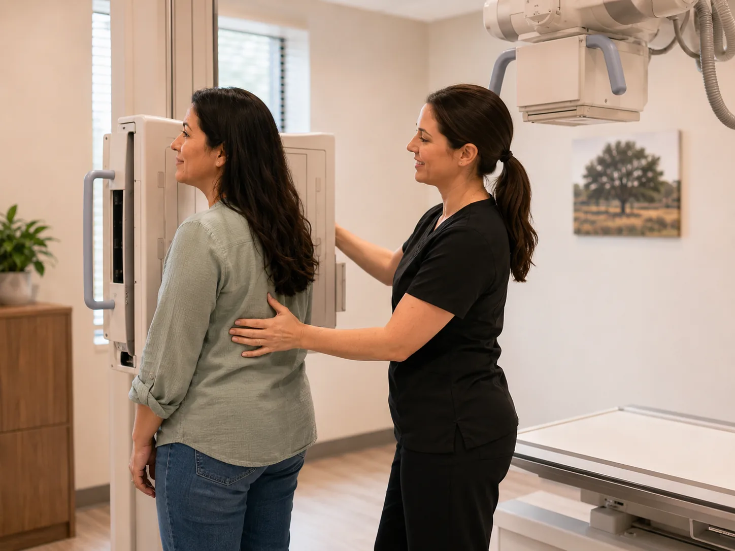Un técnico en radiología que coloca a un paciente para una radiografía