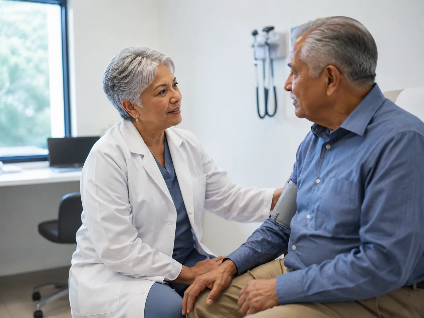 A senior man smiling during a doctor visit