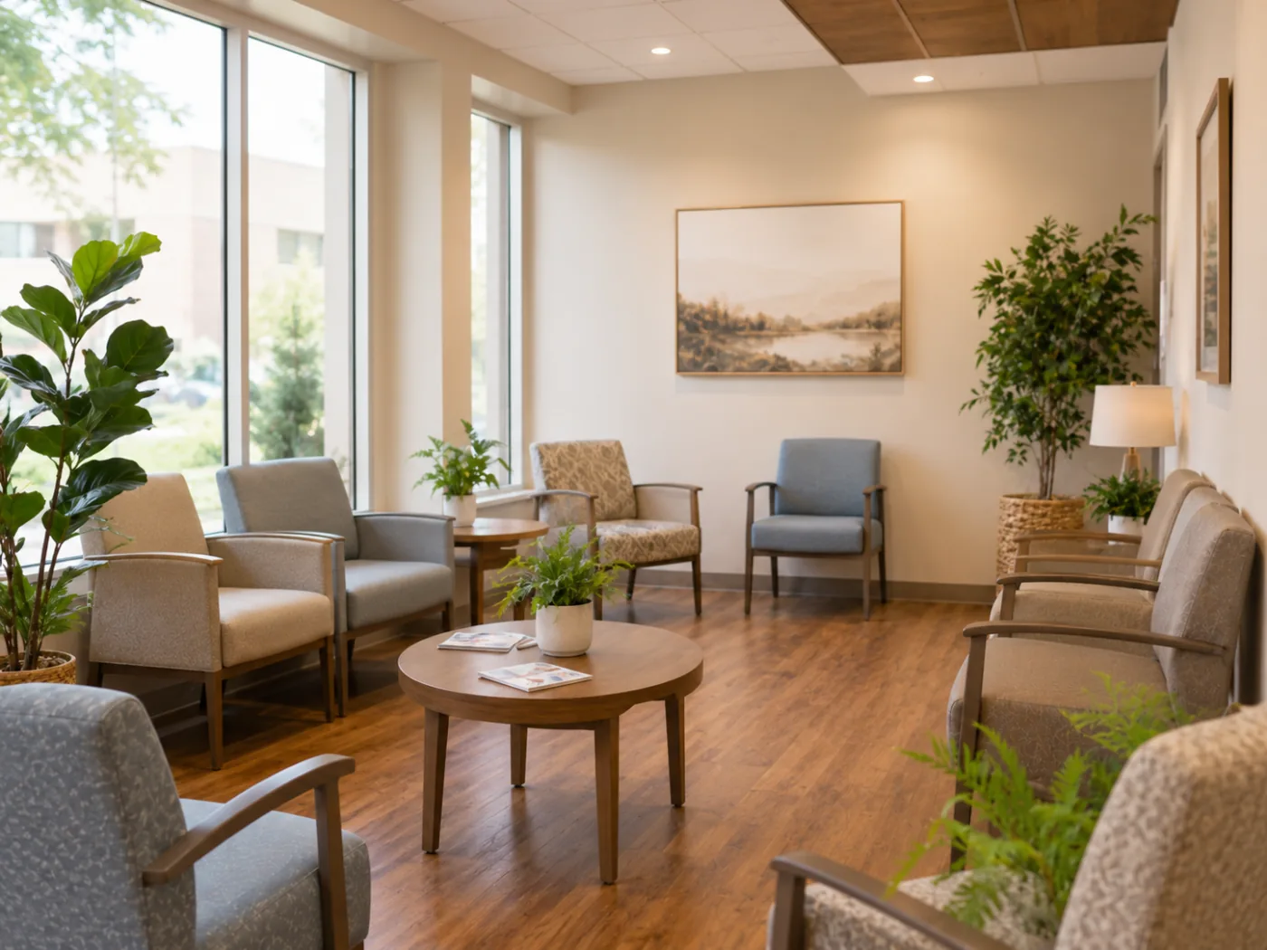The bright, welcoming waiting room at the Hearne Clinic