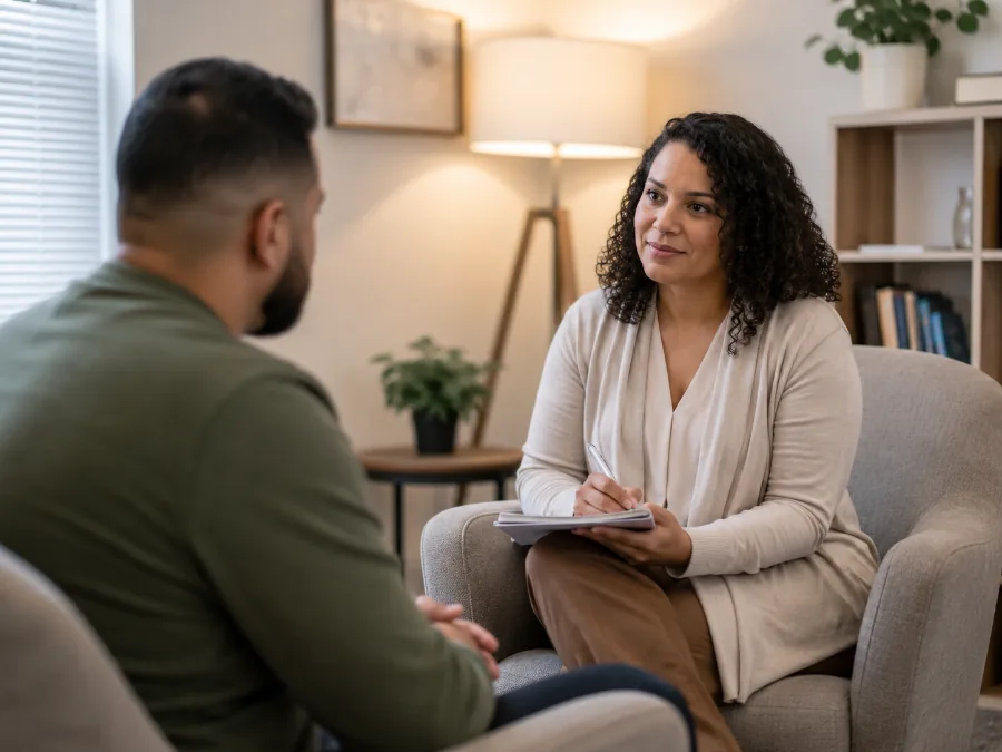 Un consejero de « Salud mental y del comportamiento » hablando con un paciente