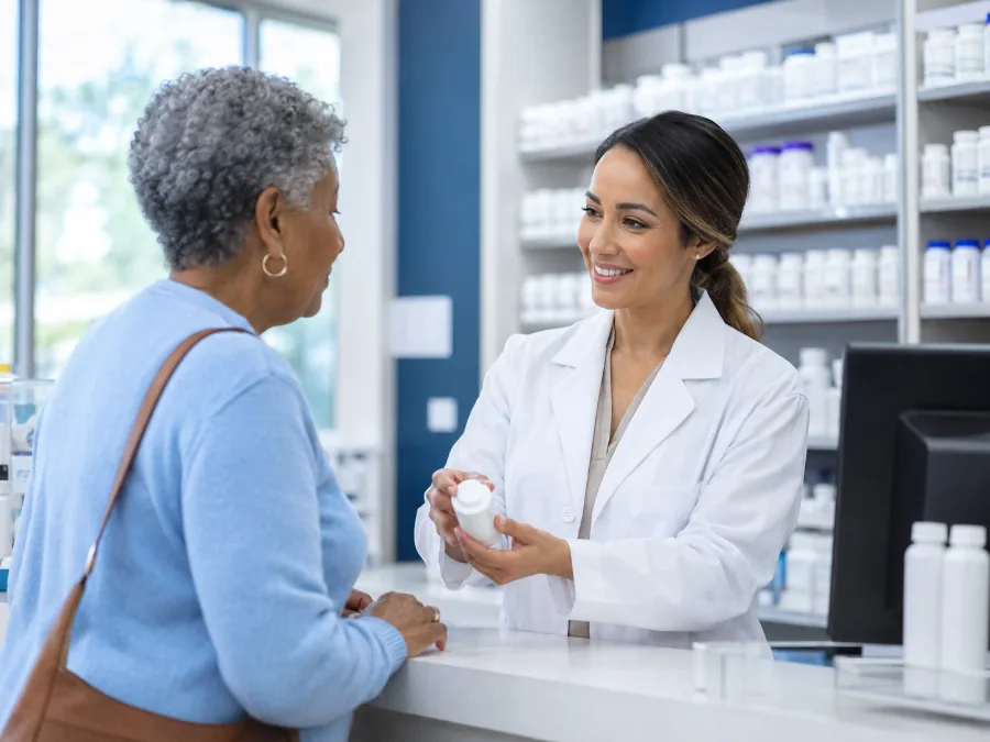 Un farmacéutico atendiendo a un paciente en el mostrador de la farmacia