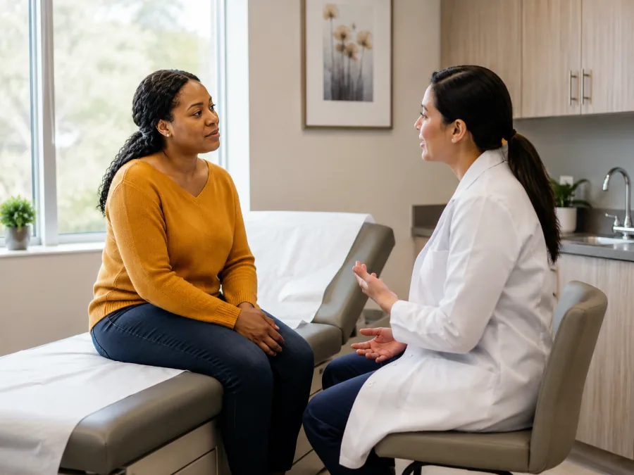 Un profesional de la salud de la mujer atendiendo a una paciente