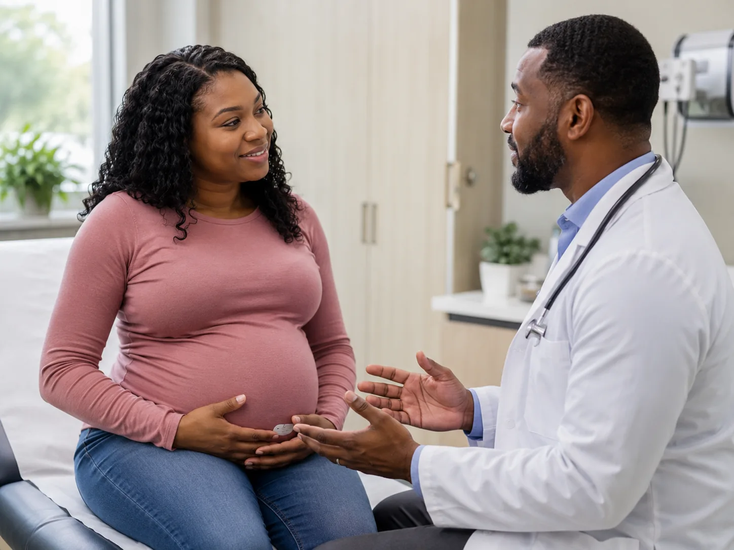 A provider reviewing an ultrasound with an expectant mother