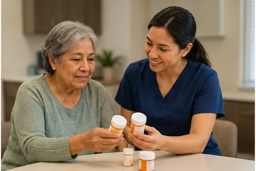 A nurse helping a senior review medications