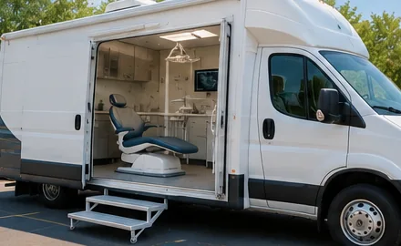 La camioneta móvil « HealthPoint » Atención Dental , equipada con un sillón de tratamiento en su interior
