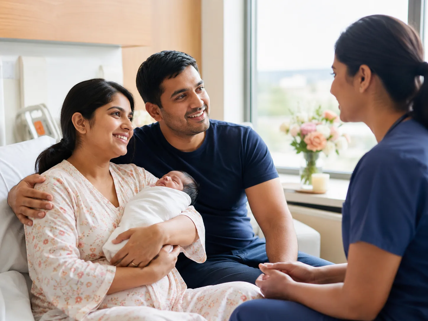 A nurse offering newborn feeding guidance to a mother