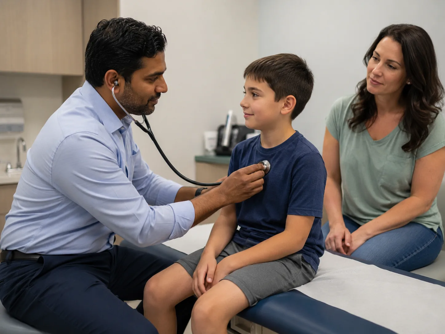 Un profesional de la salud conversando con un padre y un niño durante una consulta