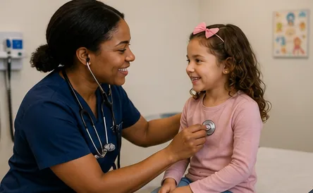 Una enfermera pediátrica examinando a una niña pequeña