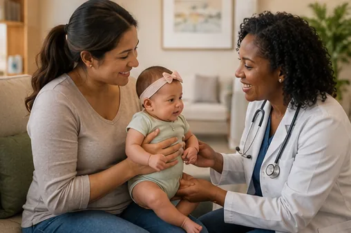 A pediatric provider examining a baby with mother present