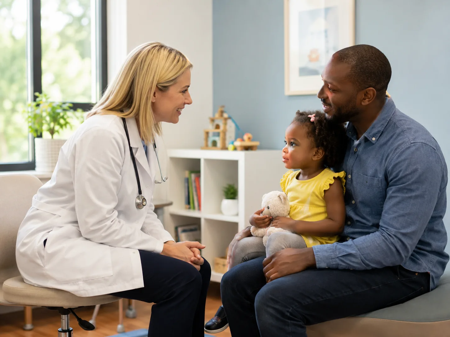A pediatrician examining a young boy with his mother