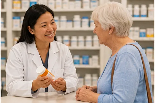 A pharmacist reviewing medications with a senior patient