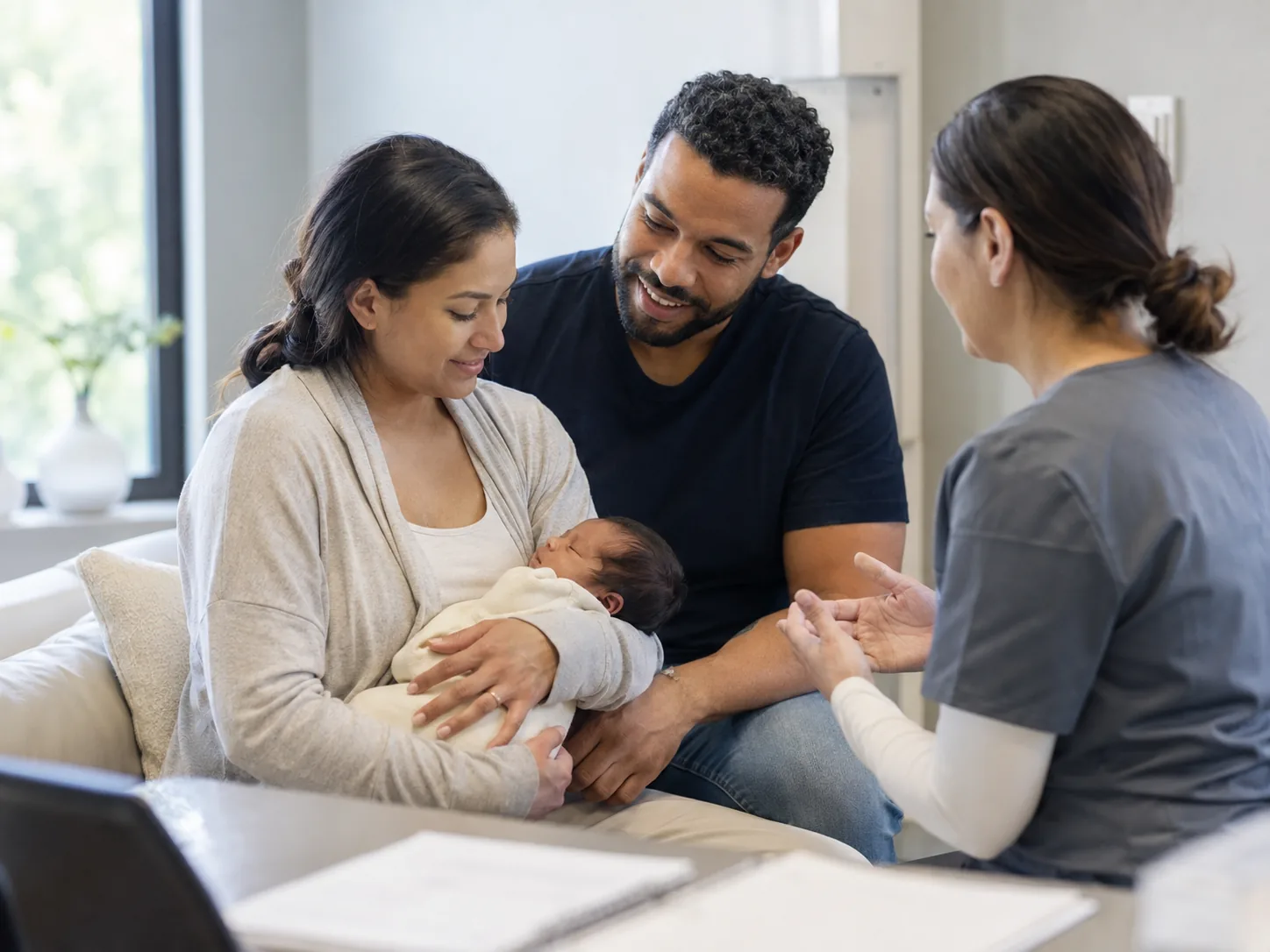 A mother with her newborn during a postpartum visit