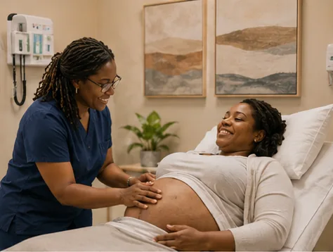 A nurse performing a prenatal exam