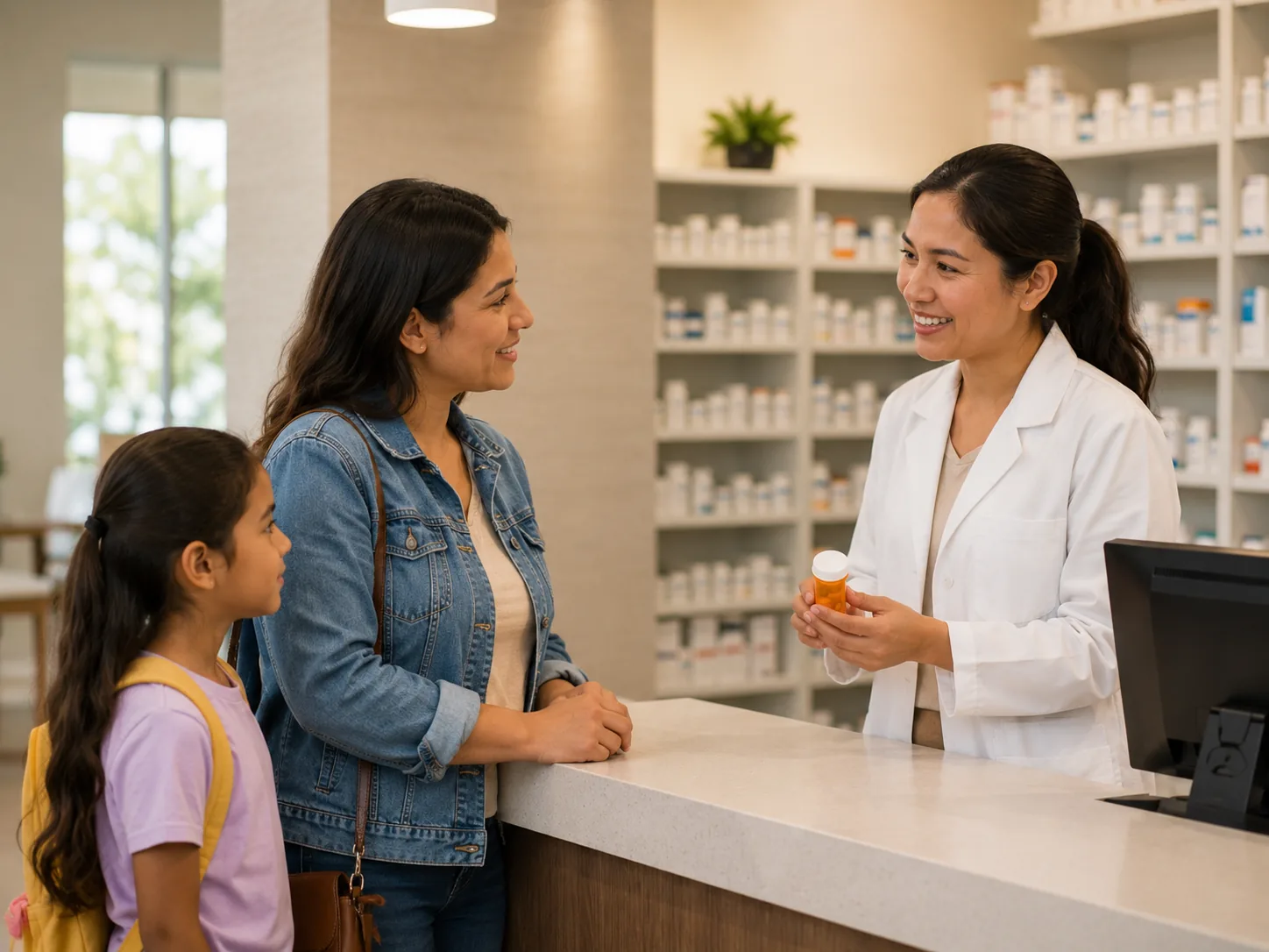 A pharmacist reviewing a prescription with a patient