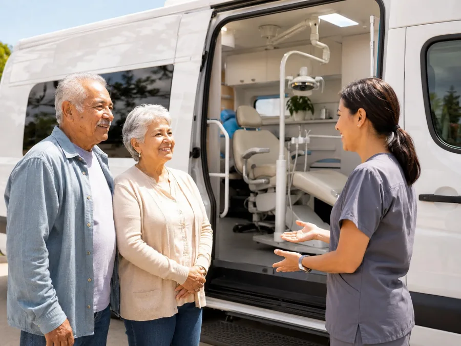 A senior couple speaking with a provider beside the HealthPoint mobile dental van