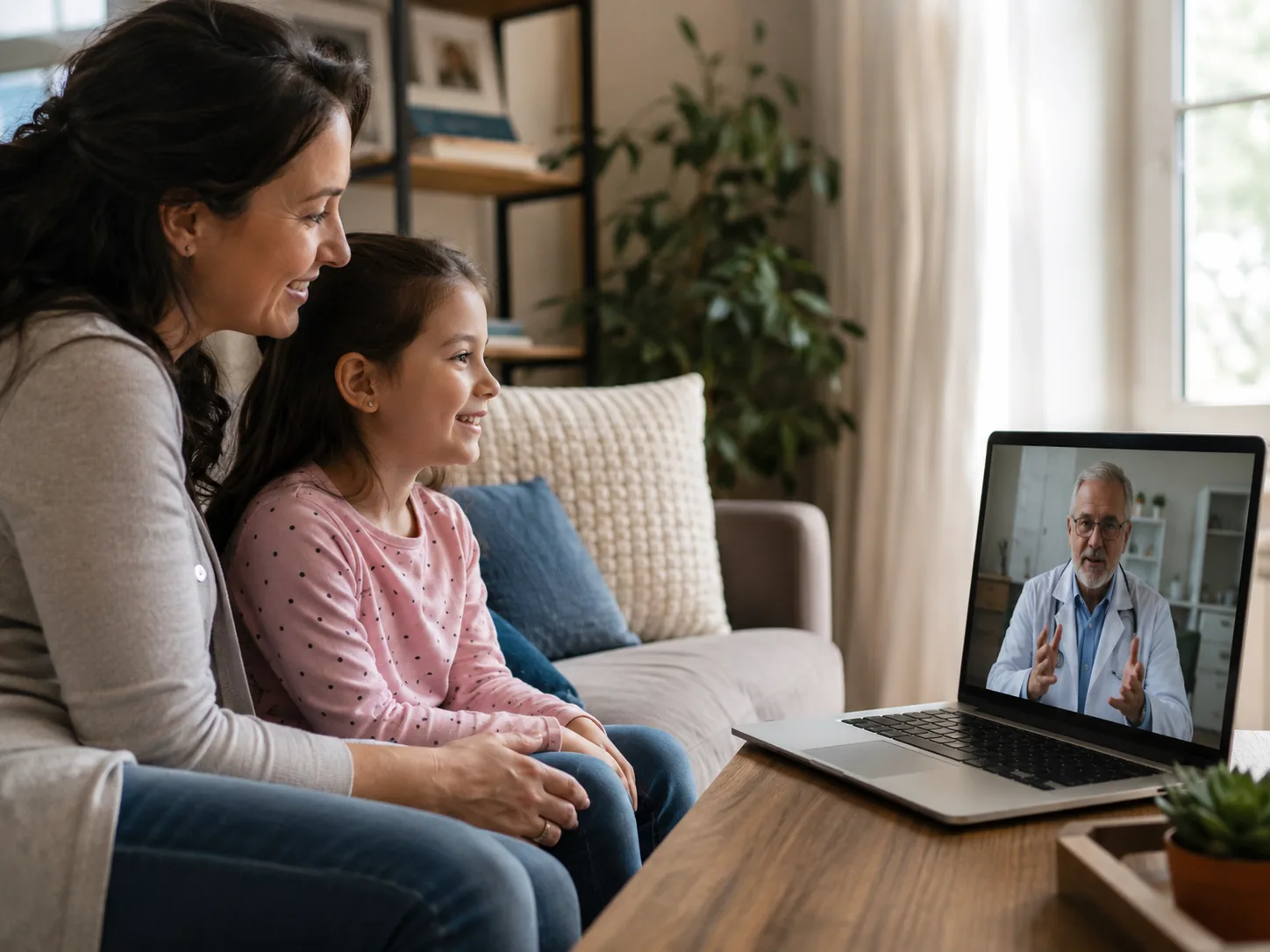 Una madre y su hija durante una consulta de telesalud pediátrica por video desde su casa