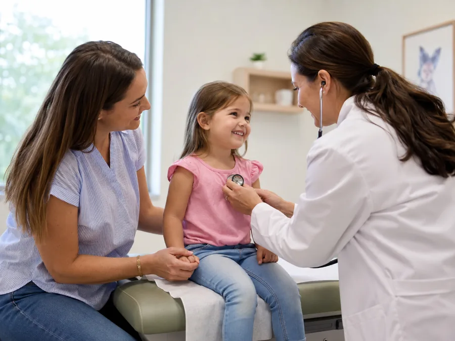 Un pediatra que examina a una niña acompañada de su mamá