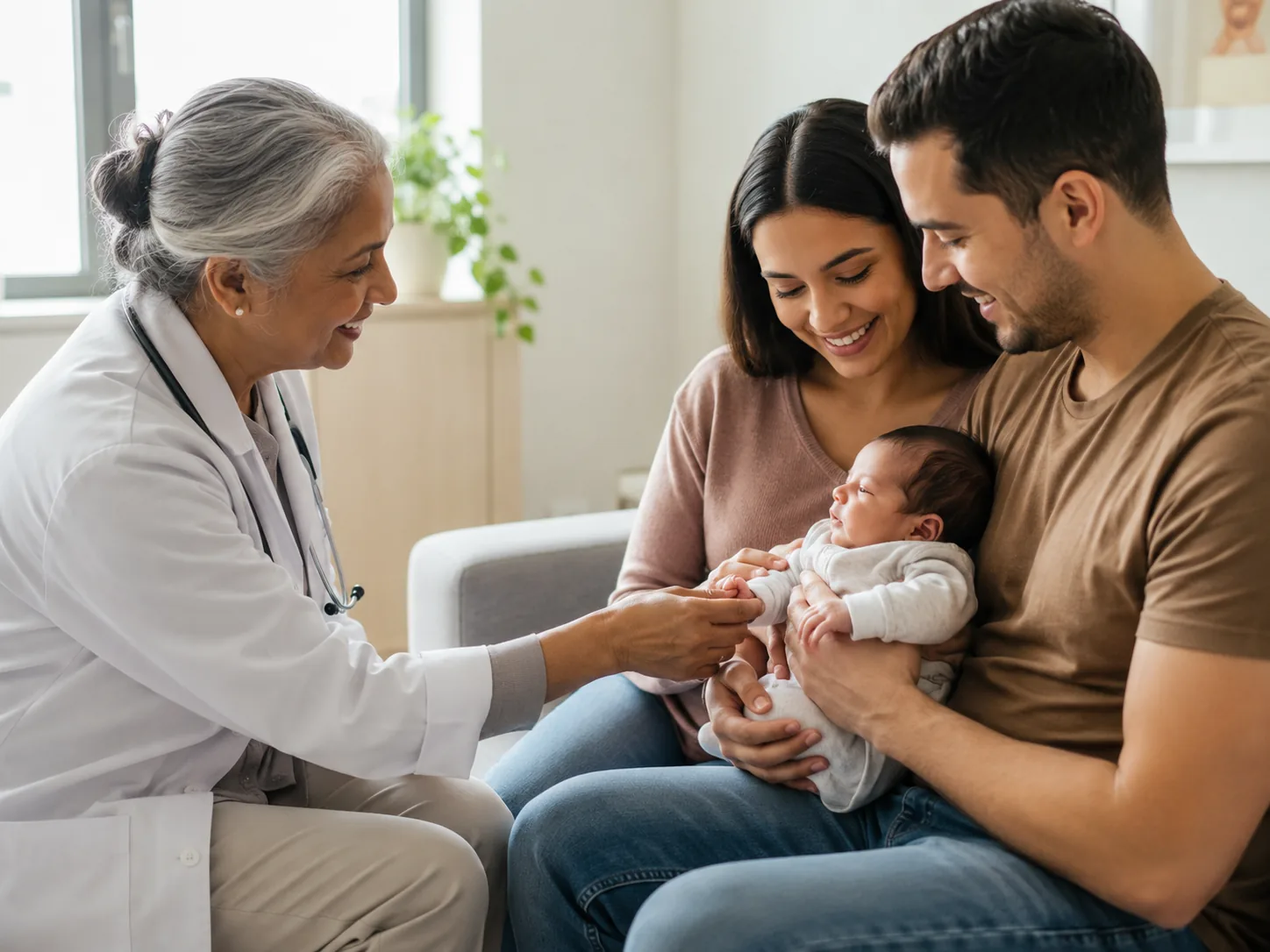 A HealthPoint provider greeting new parents holding their newborn