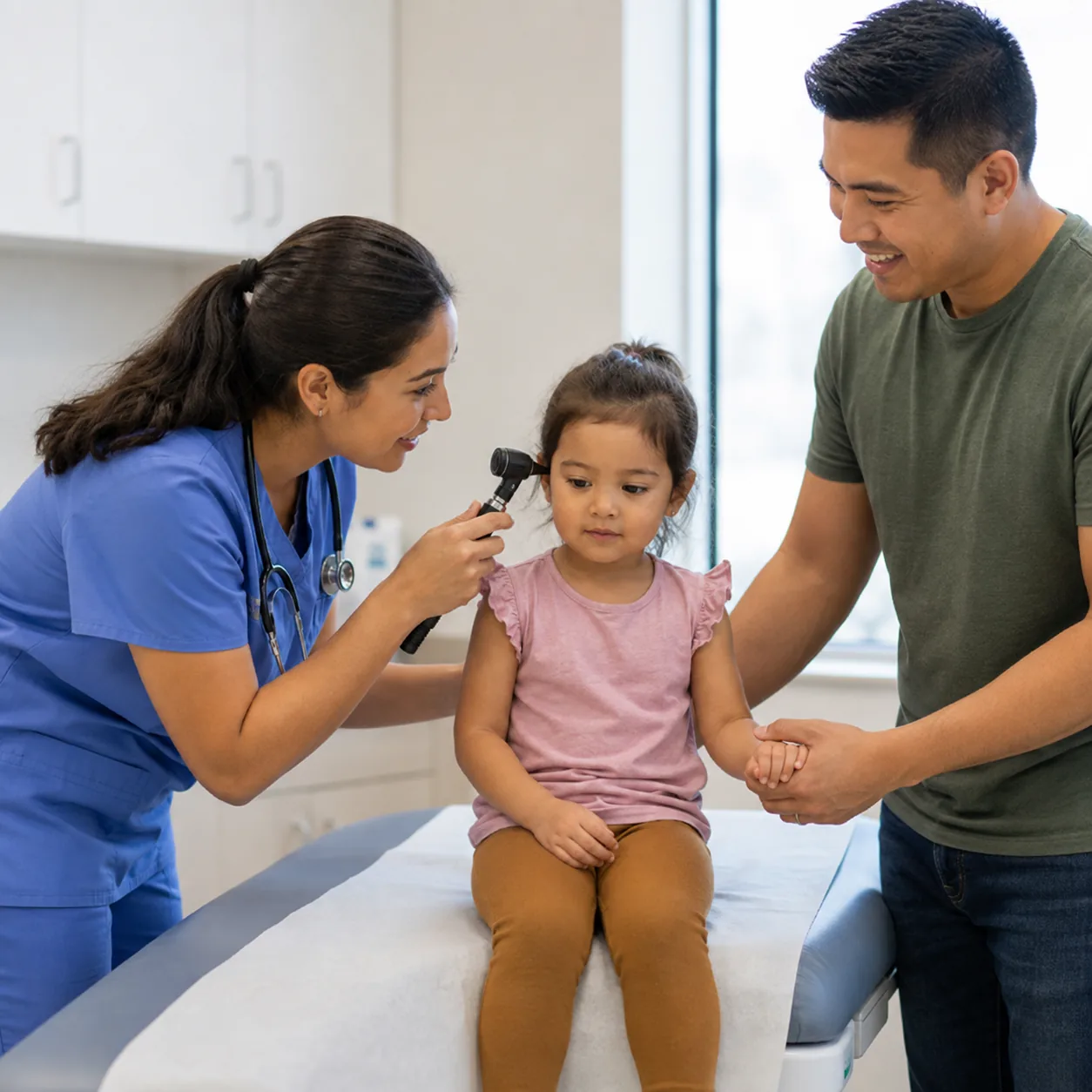 Enfermera que examina el oído de un niño con un otoscopio