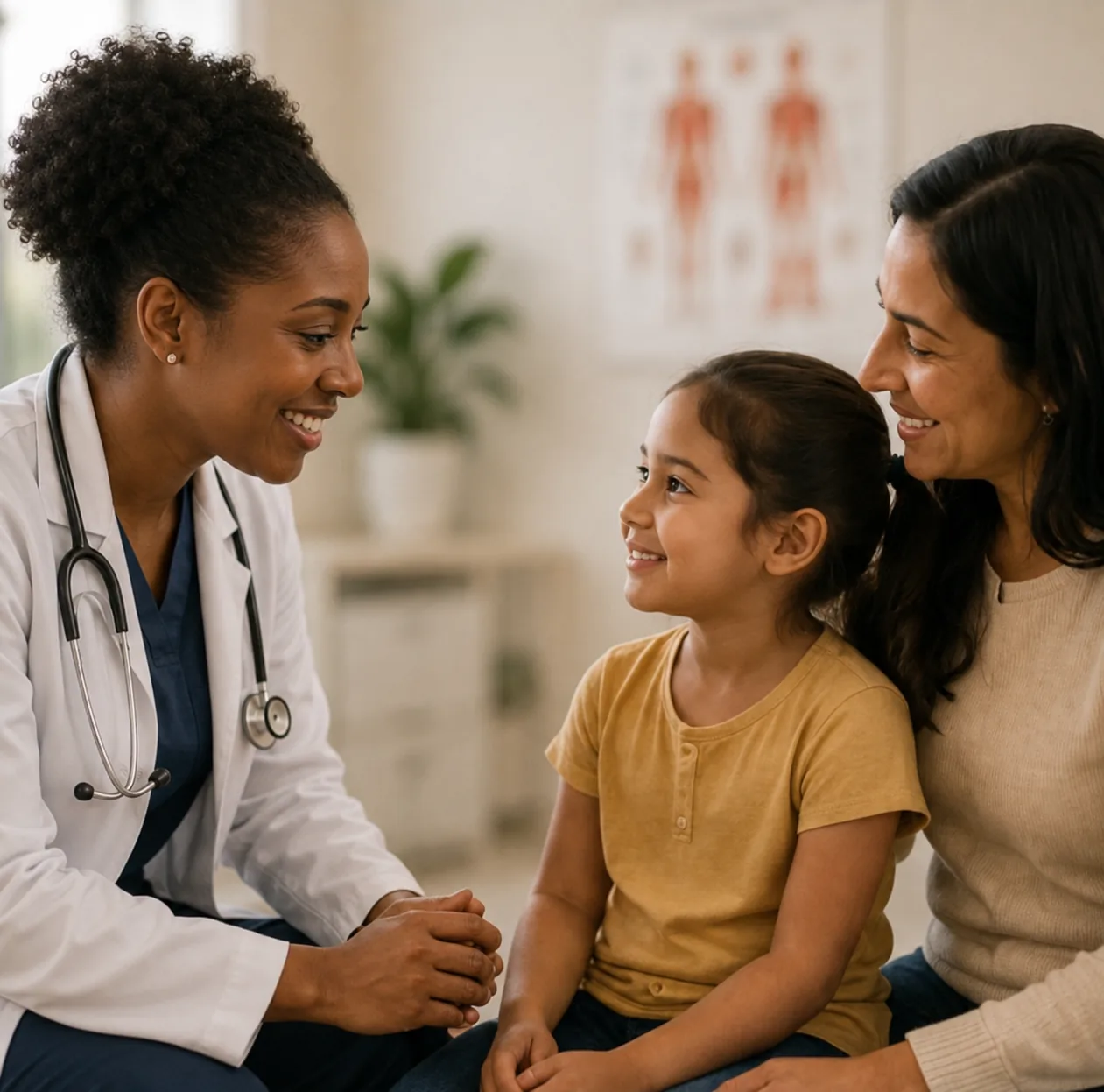 smiling doctor meeting with parent and child