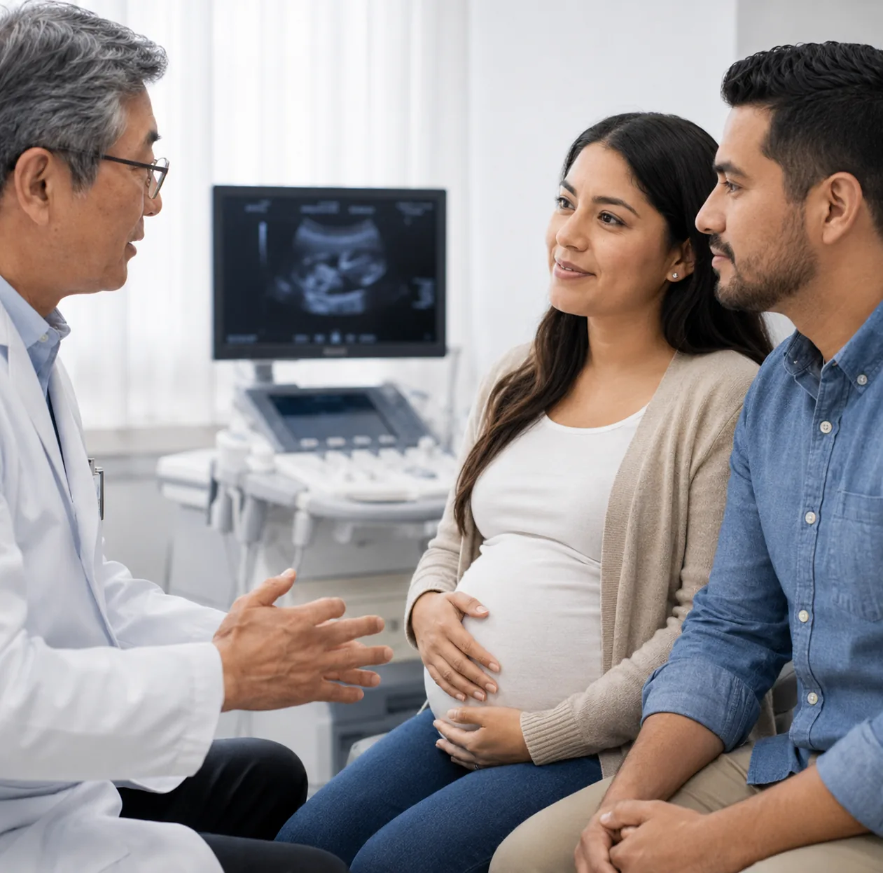 doctor meeting with pregnant woman and her partner