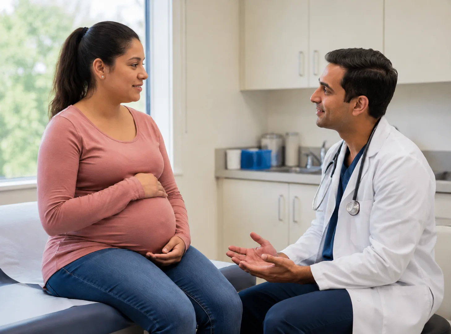 Pregnant woman visits with her doctor