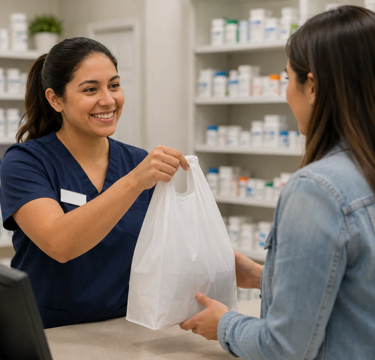 woman picking up prescription at pharmacy