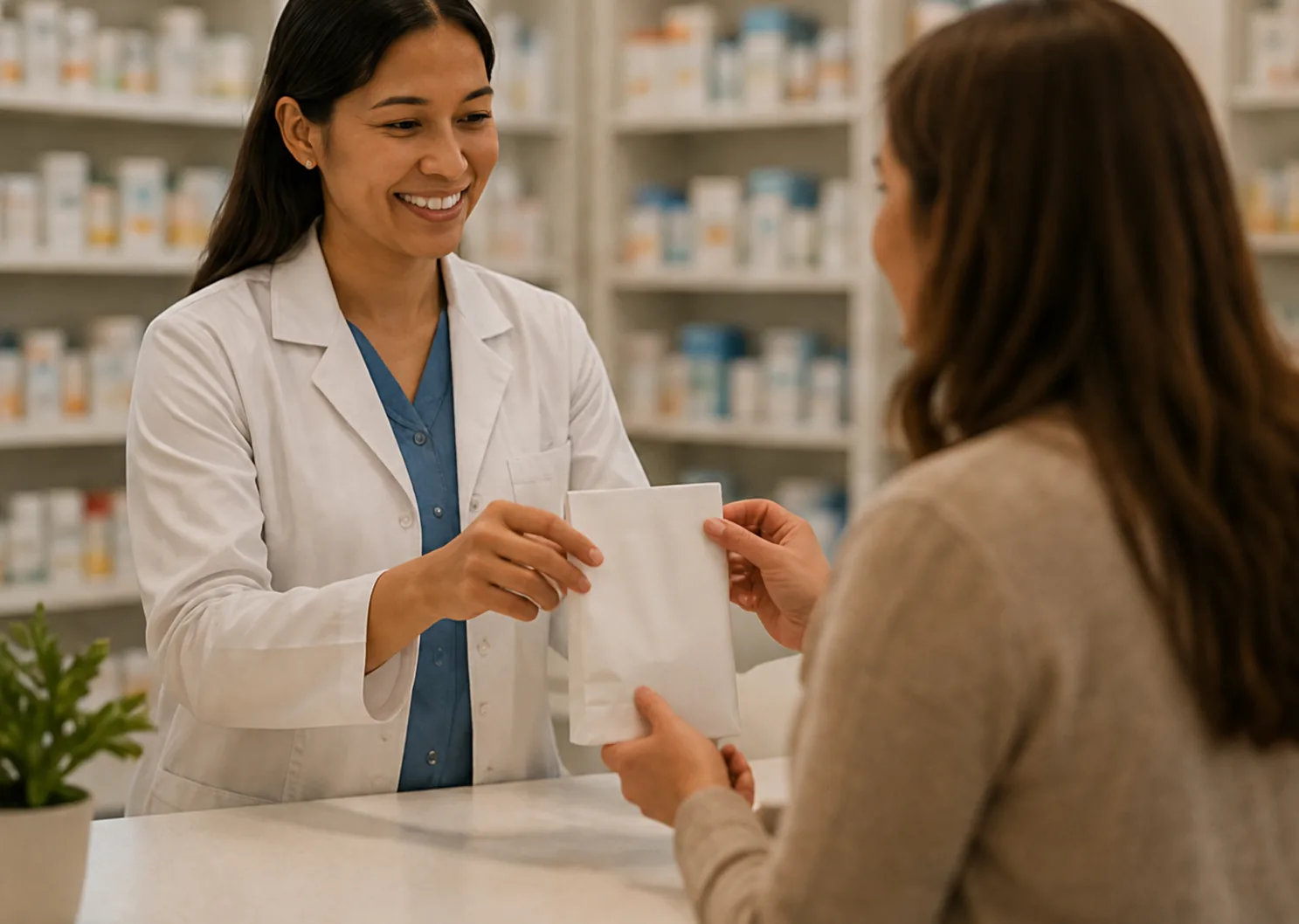 una farmacéutica entregándole a una paciente su receta