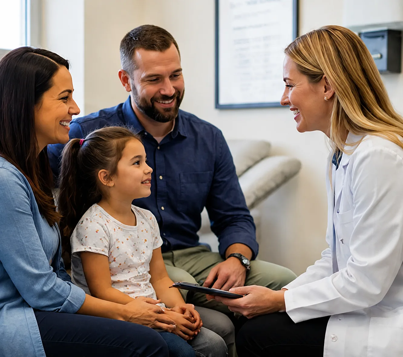 doctor providing care to a family with a young child