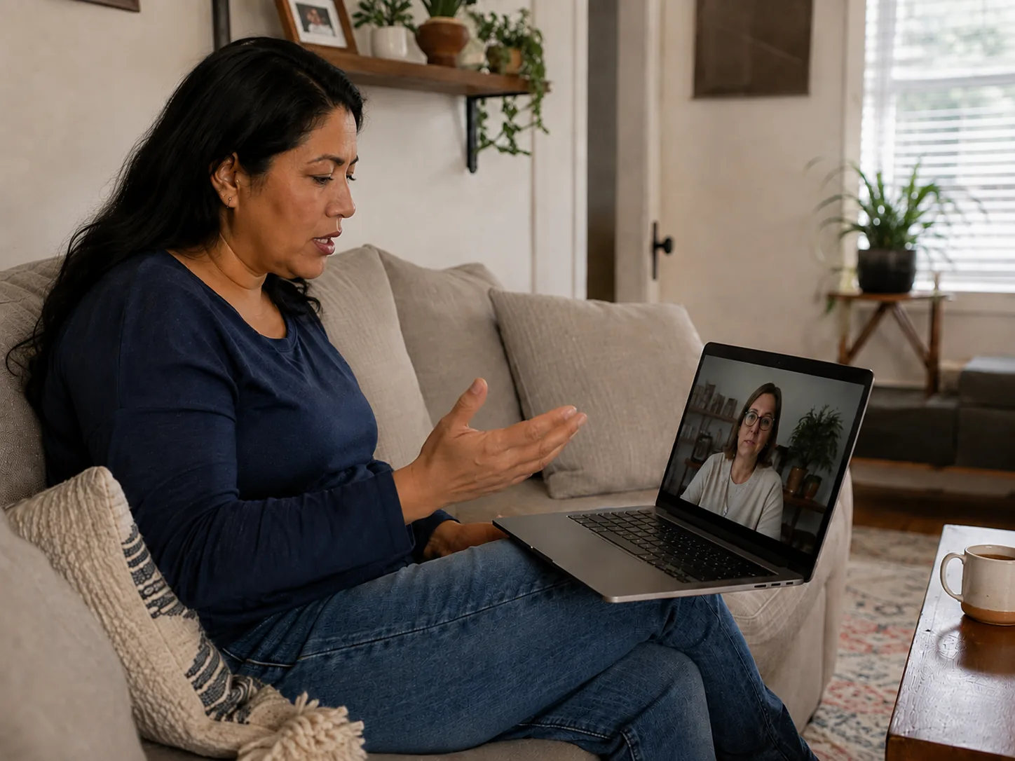 woman talking with therapist on laptop