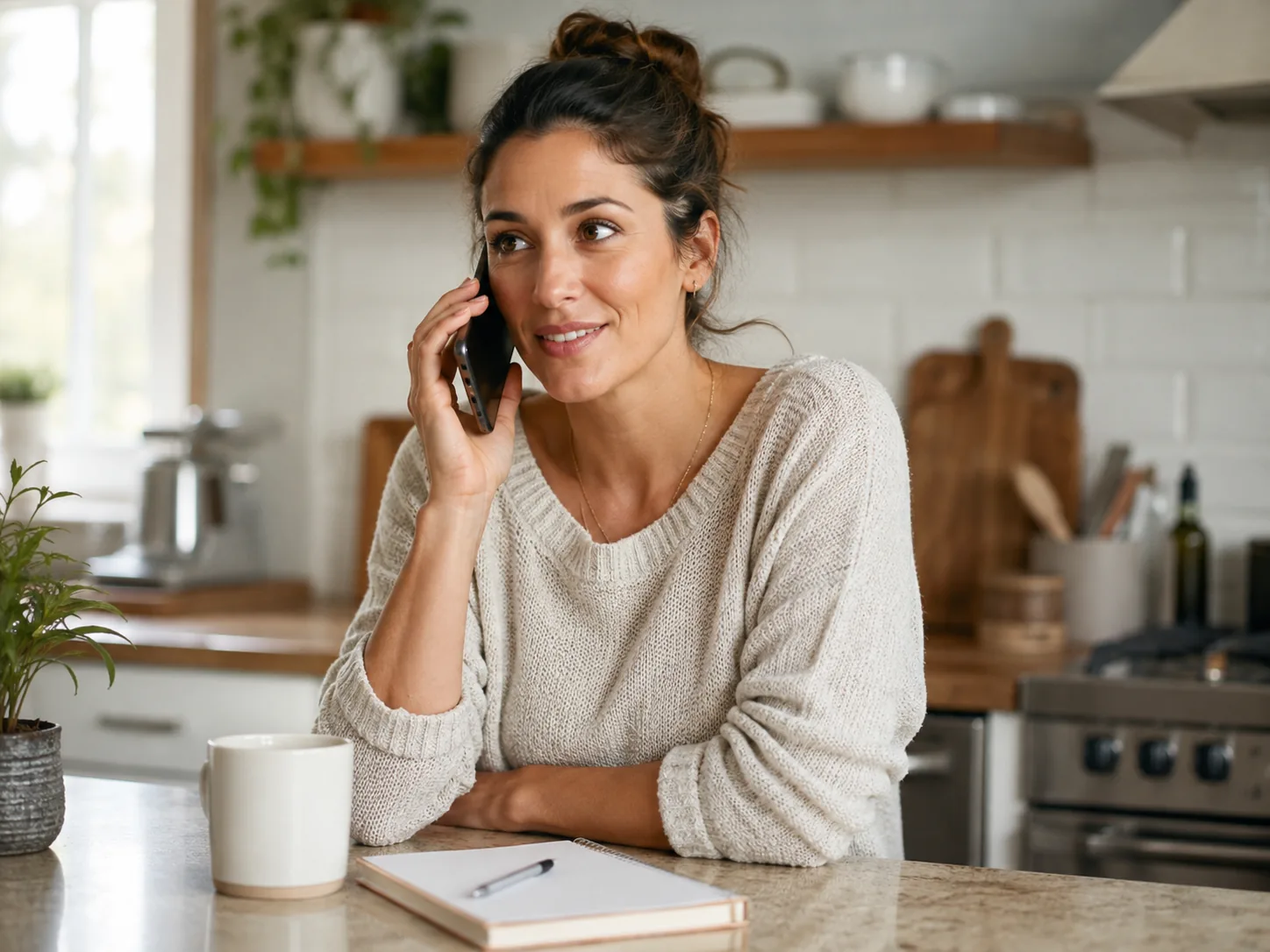 woman sitting in kitchen on phone with therapist