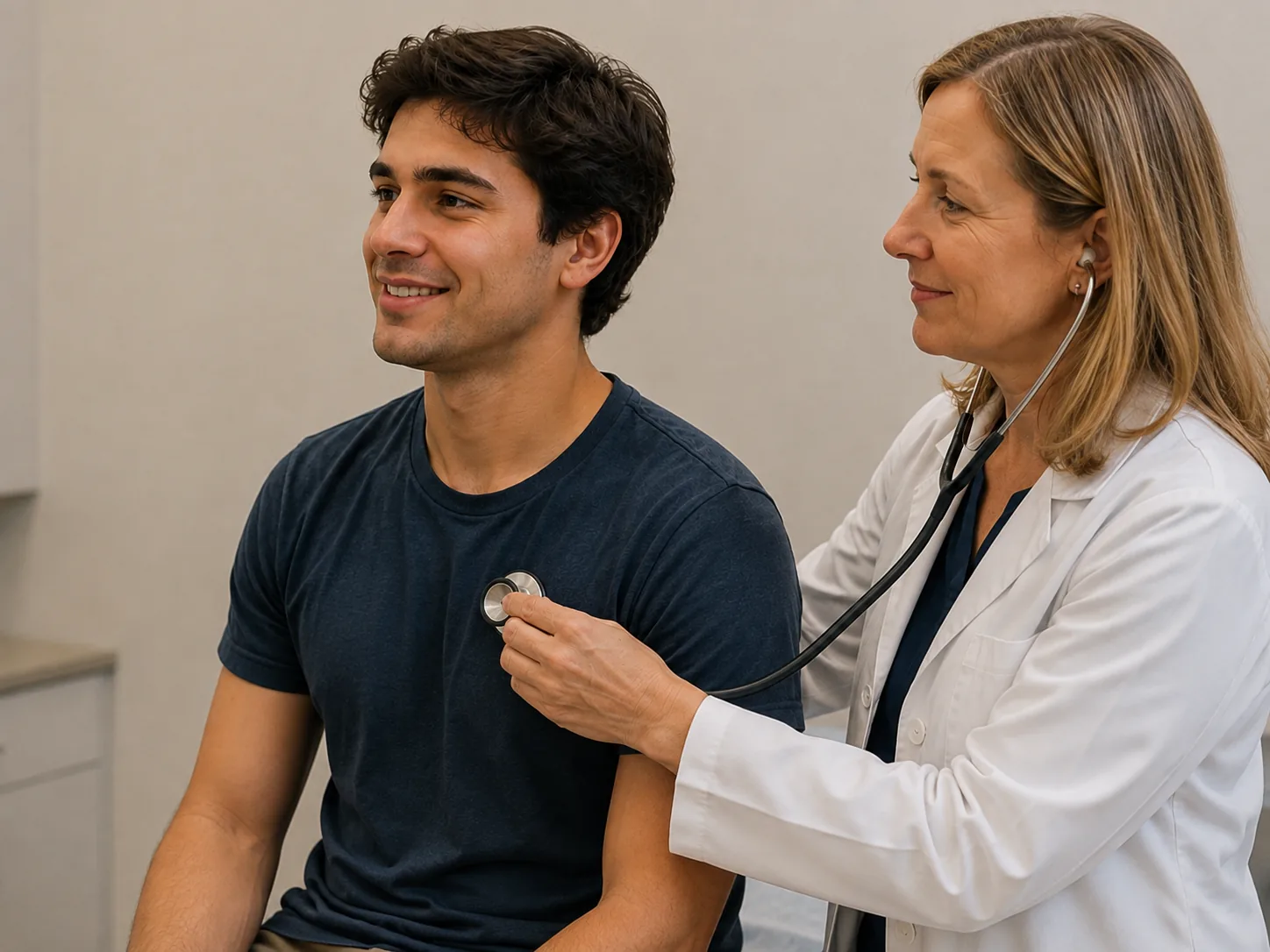 Una doctora examina a un paciente varón de edad universitaria