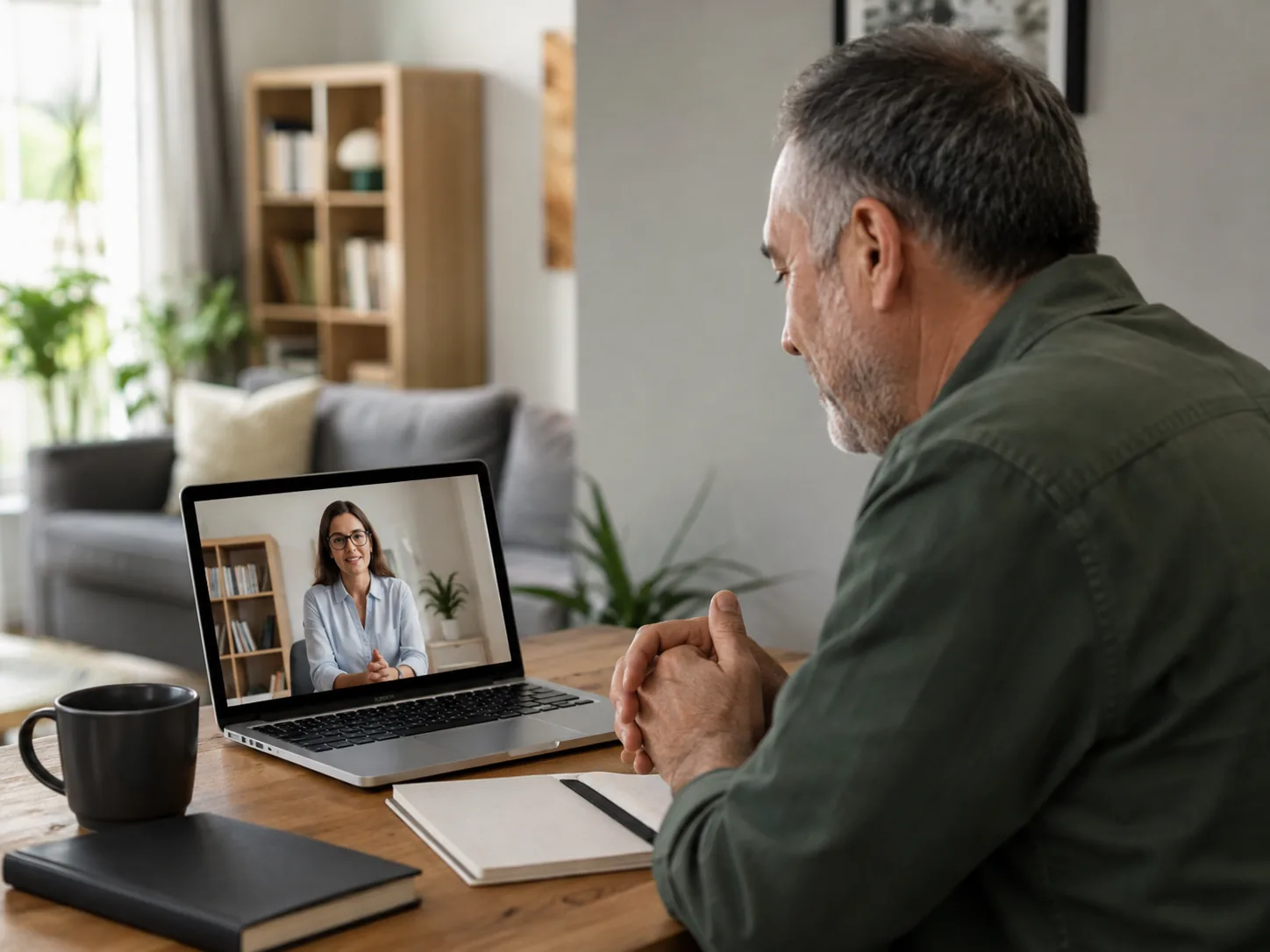 man at home on a telehealth visit with therapist